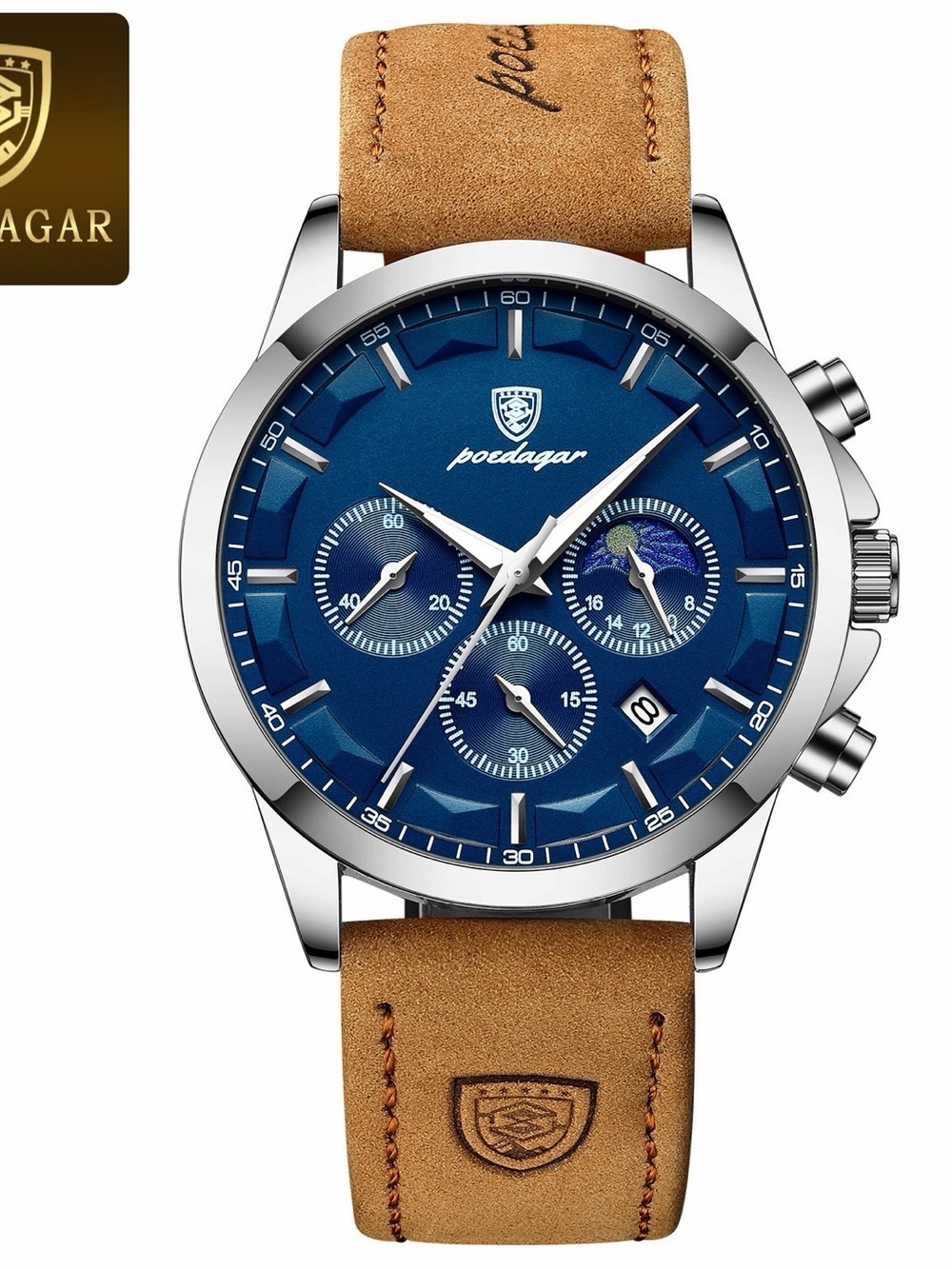 Poedagar Men's Blue Dial Chronograph Watch with Tan Leather Strap